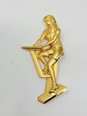 JJ Jonette Gold Tone Fitness Workout Brooch Vintage Figural Pin